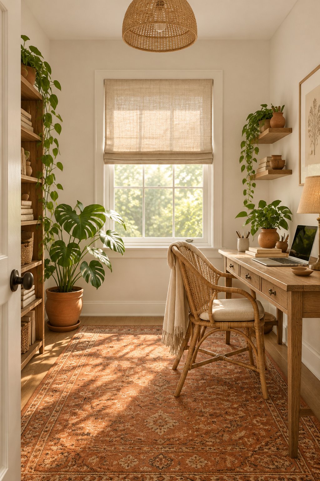 A cozy home office with warm off-white walls, a terracotta rug, a rattan chair, green plants, and sunlight through a window.