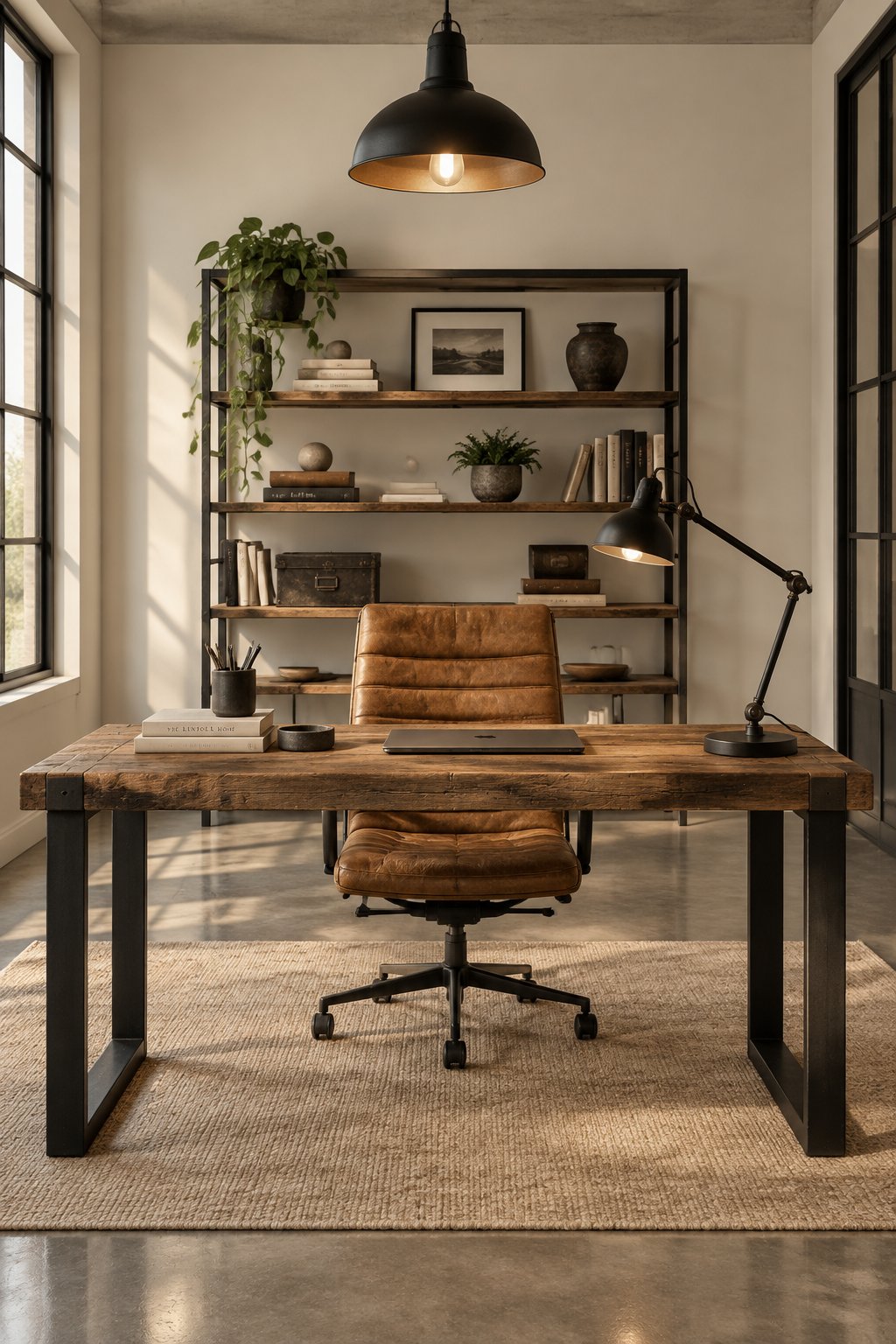 A warm off-white home office with a wooden desk, leather chair, dark light fixtures, concrete flooring, and a neutral rug.