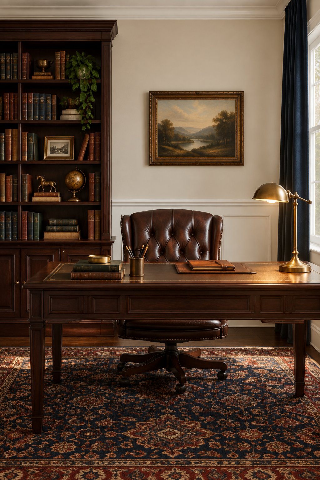 A traditional home office with pale walls, white wainscoting, a dark bookcase, a desk lamp, a patterned rug, and a leather chair.
