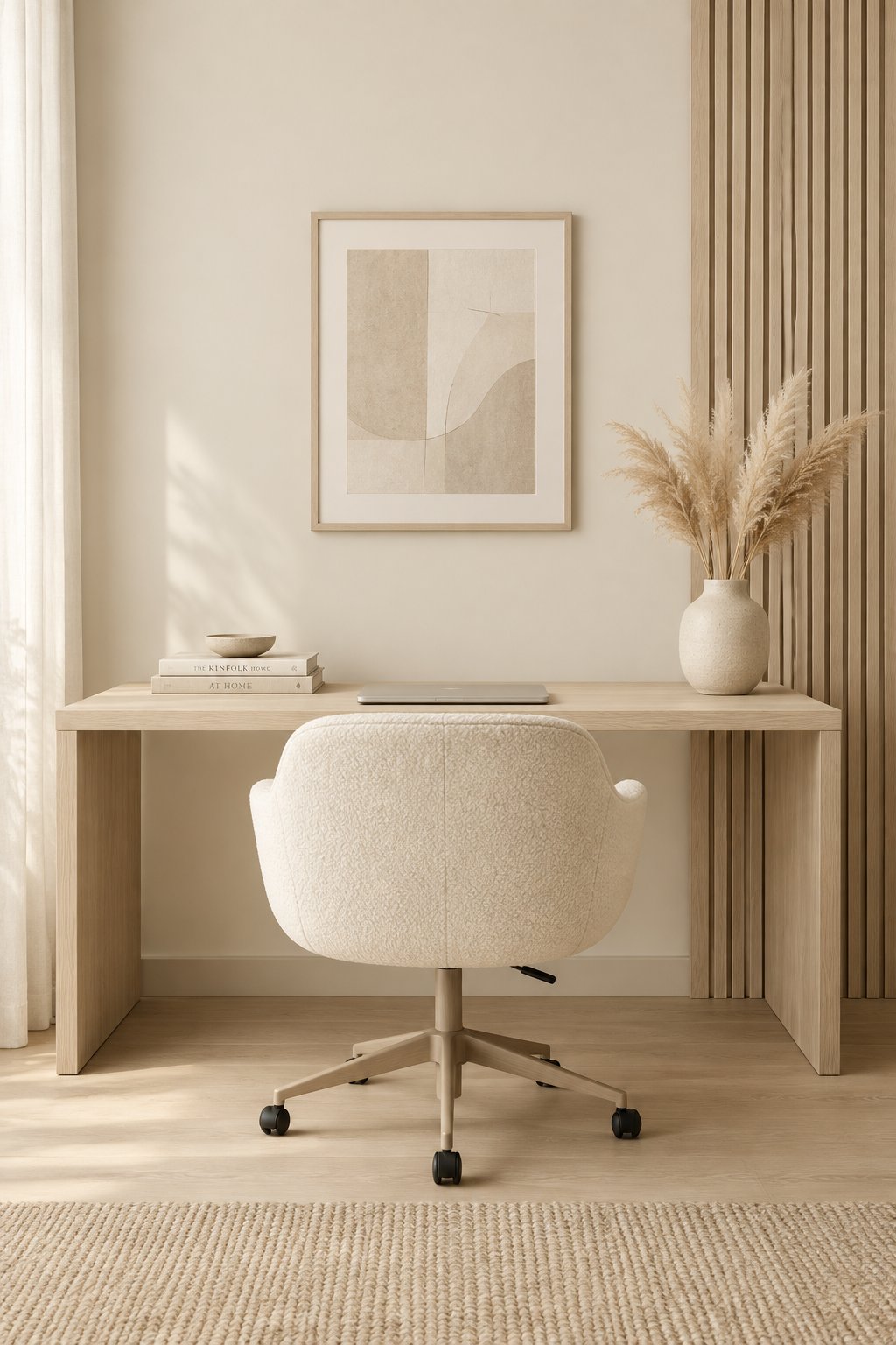 A bright home office with a light wood desk, cream chair, slatted wall panels, and a vase of dried grass.