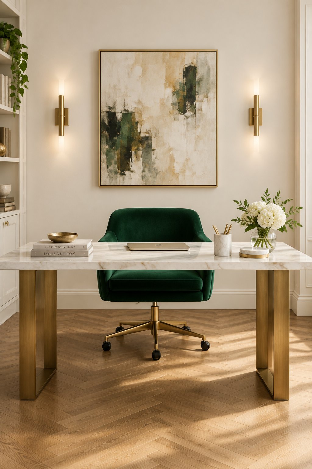 A warm off-white executive home office with a marble desk, green chair, gold wall sconces, and herringbone wood flooring.