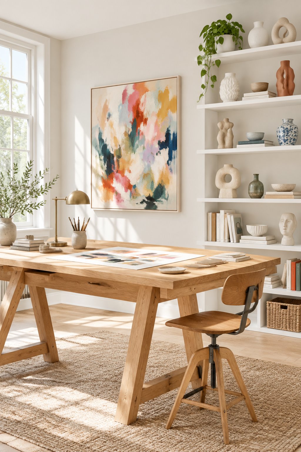 A bright art studio office with a drafting table, shelves of ceramic sculptures, and a colorful abstract painting.