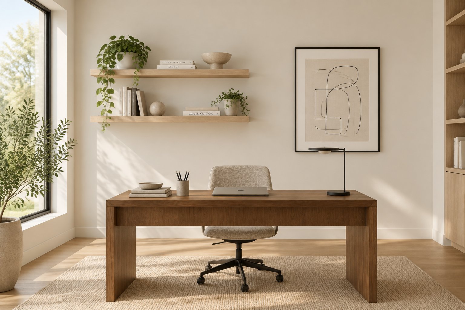 A minimalist home office with warm off-white walls, wood shelving, a walnut desk, framed artwork, and daylight from a large window.