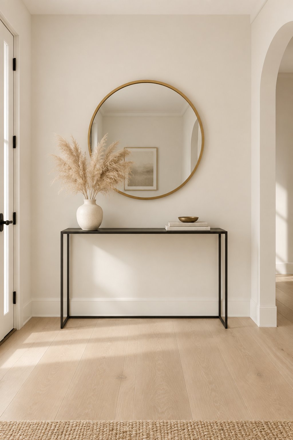 A bright entryway with light walls, wood flooring, a console table, a round mirror, and a vase of dried grass.