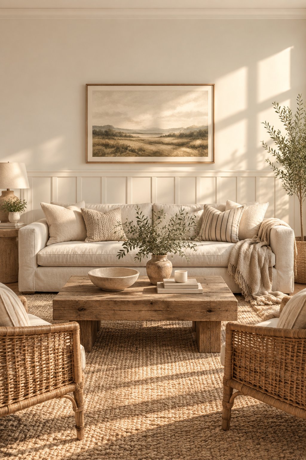 A warm living room with a sofa, chairs, a coffee table, and sunlight across paneled walls.