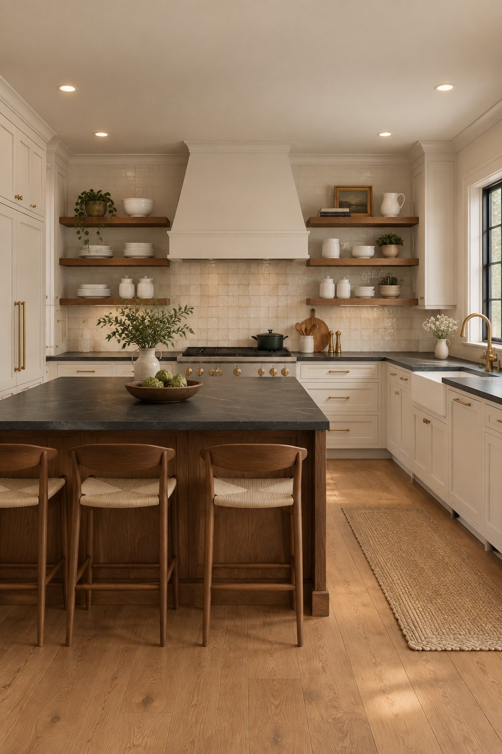 A bright kitchen with light cabinetry, dark countertops, tiled backsplash, wood shelves, and white dishes.