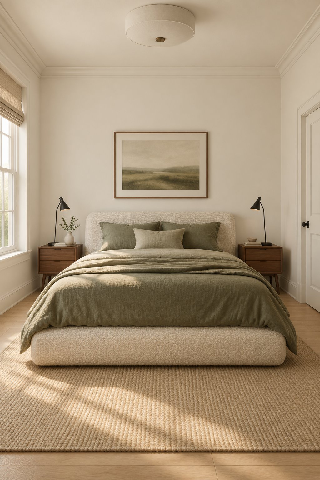 A calm primary bedroom with a low bed, green bedding, wooden bedside tables, and black lamps.