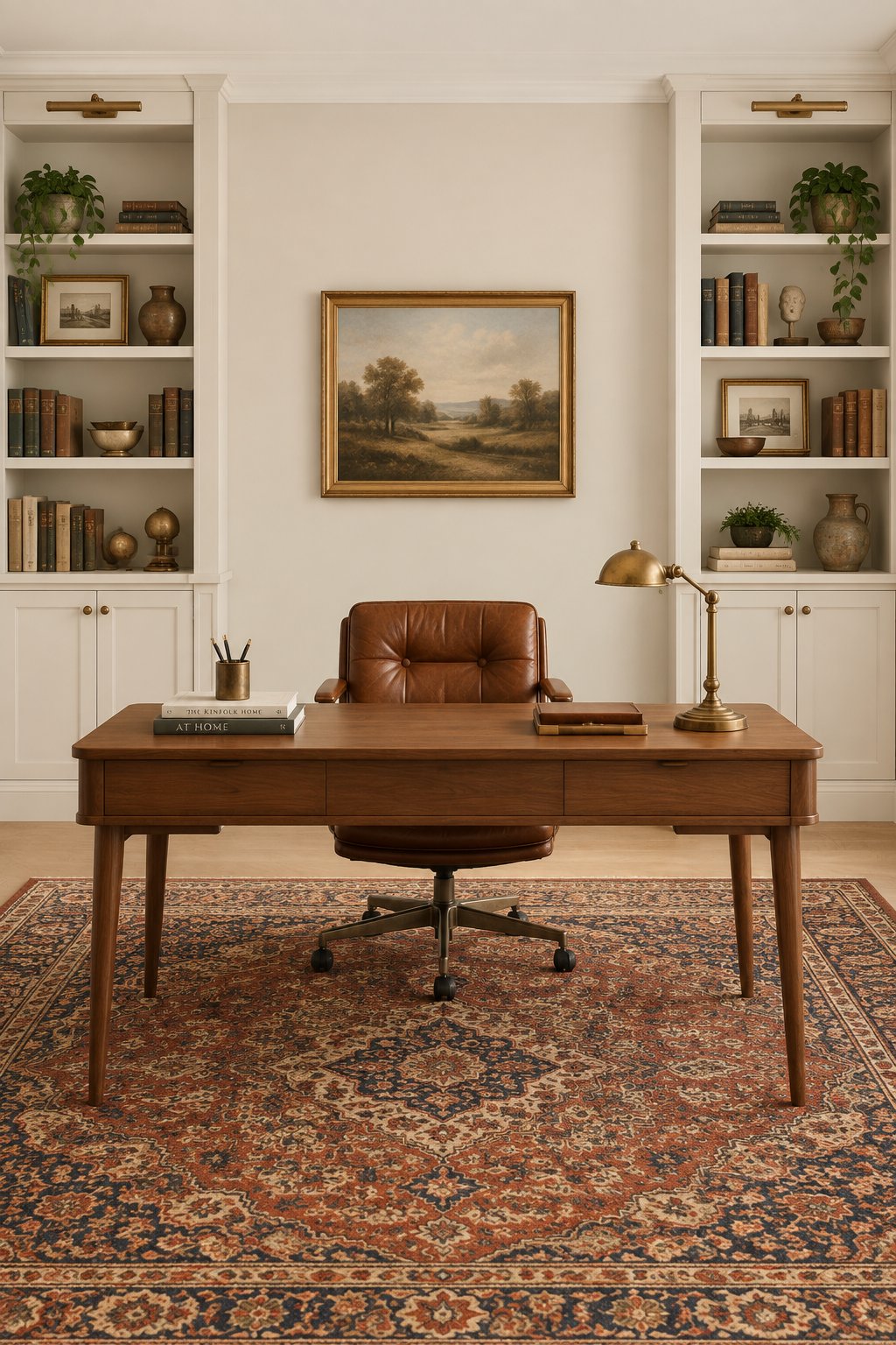 A home office with built-in bookshelves, a wooden desk, a brown leather chair, and a patterned rug.