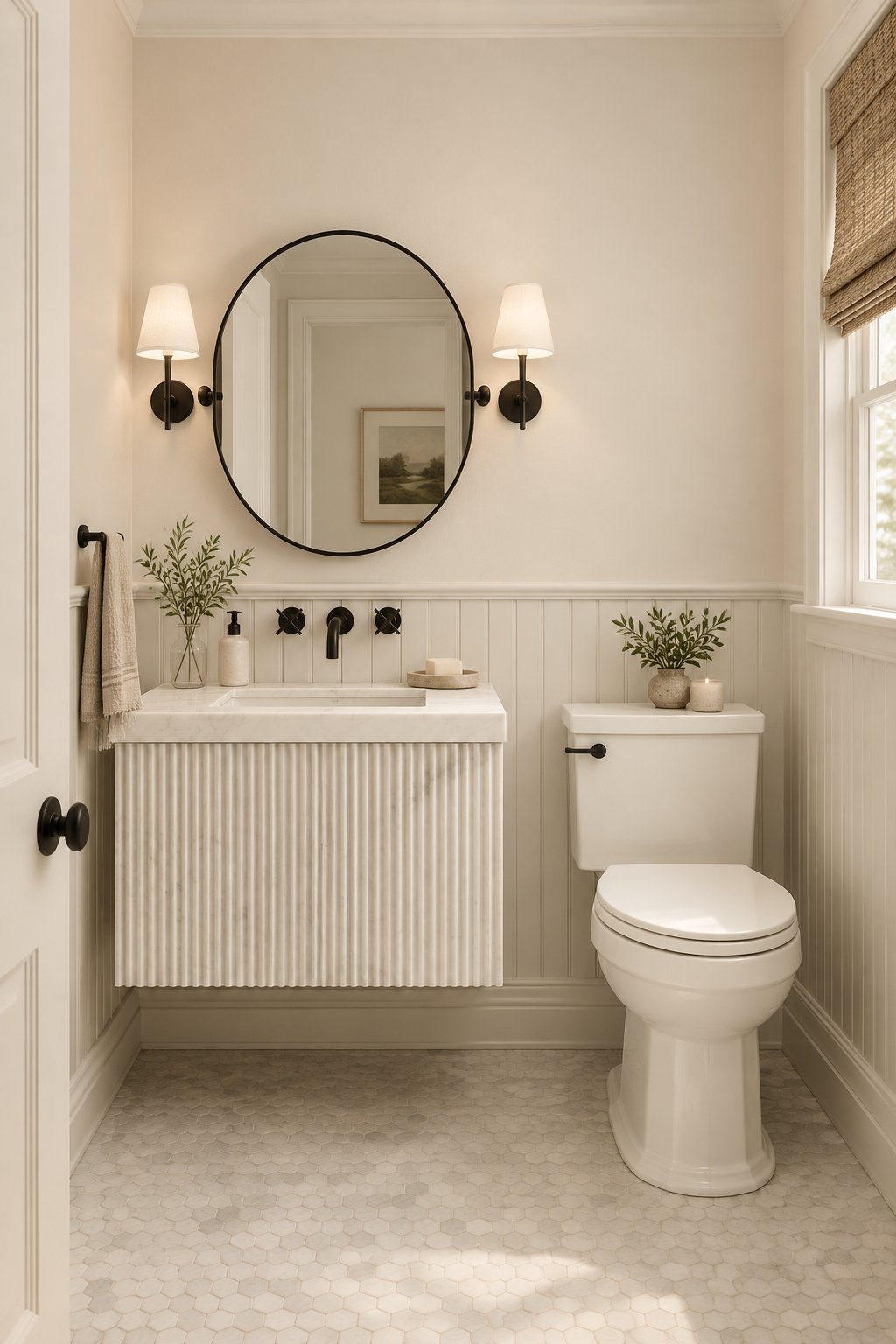 A bathroom with a vanity, mirror, wall fixtures, painted walls, and lower wall paneling.