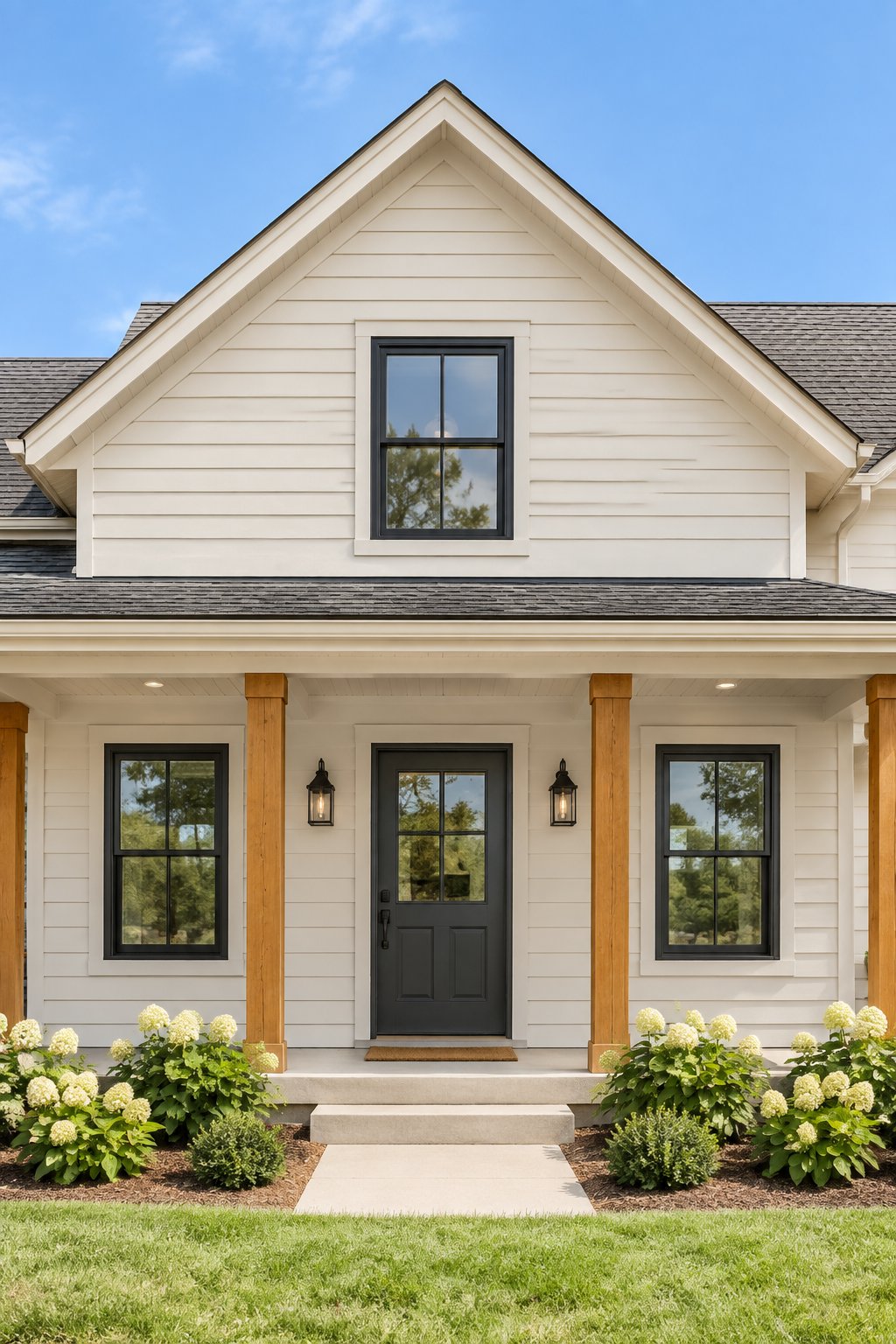 A farmhouse-style home viewed from outside in bright daylight.