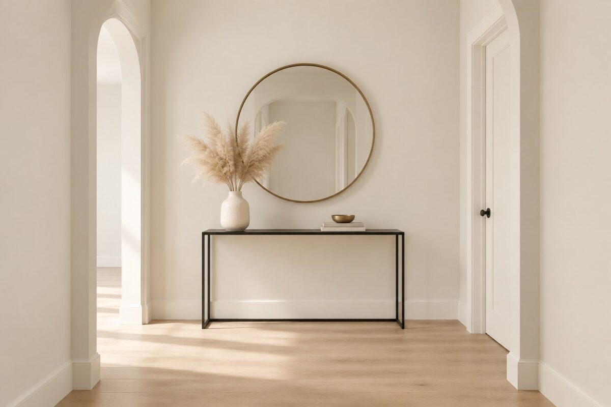 A bright entryway with pale walls, light wood flooring, a black console table, a round mirror, and a vase of dried grass.