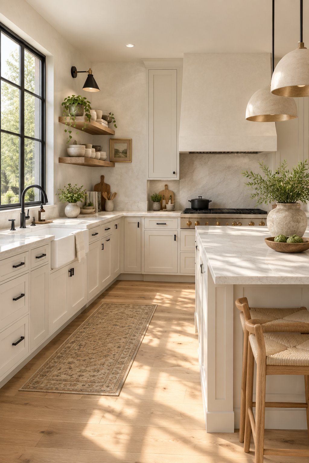 A warm modern kitchen with off-white shaker cabinets, oak shelves, pale stone countertops, and sunlight coming through a large window.