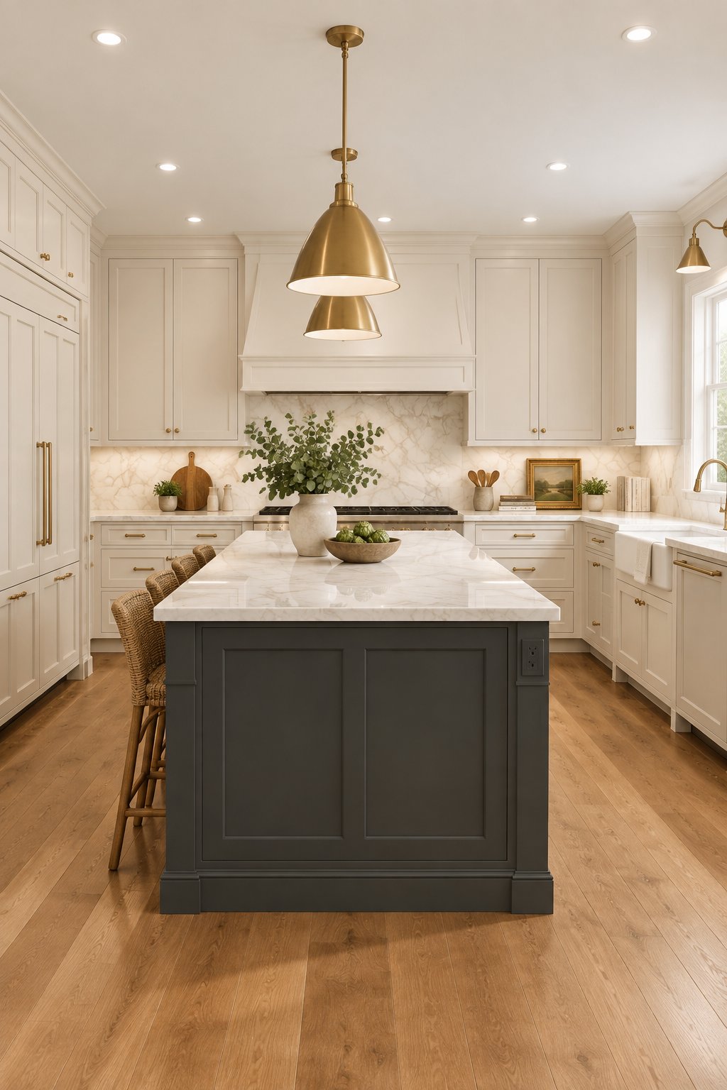 A transitional kitchen with light perimeter cabinets, a dark central island, marble countertops, brass hardware, and hardwood floors.
