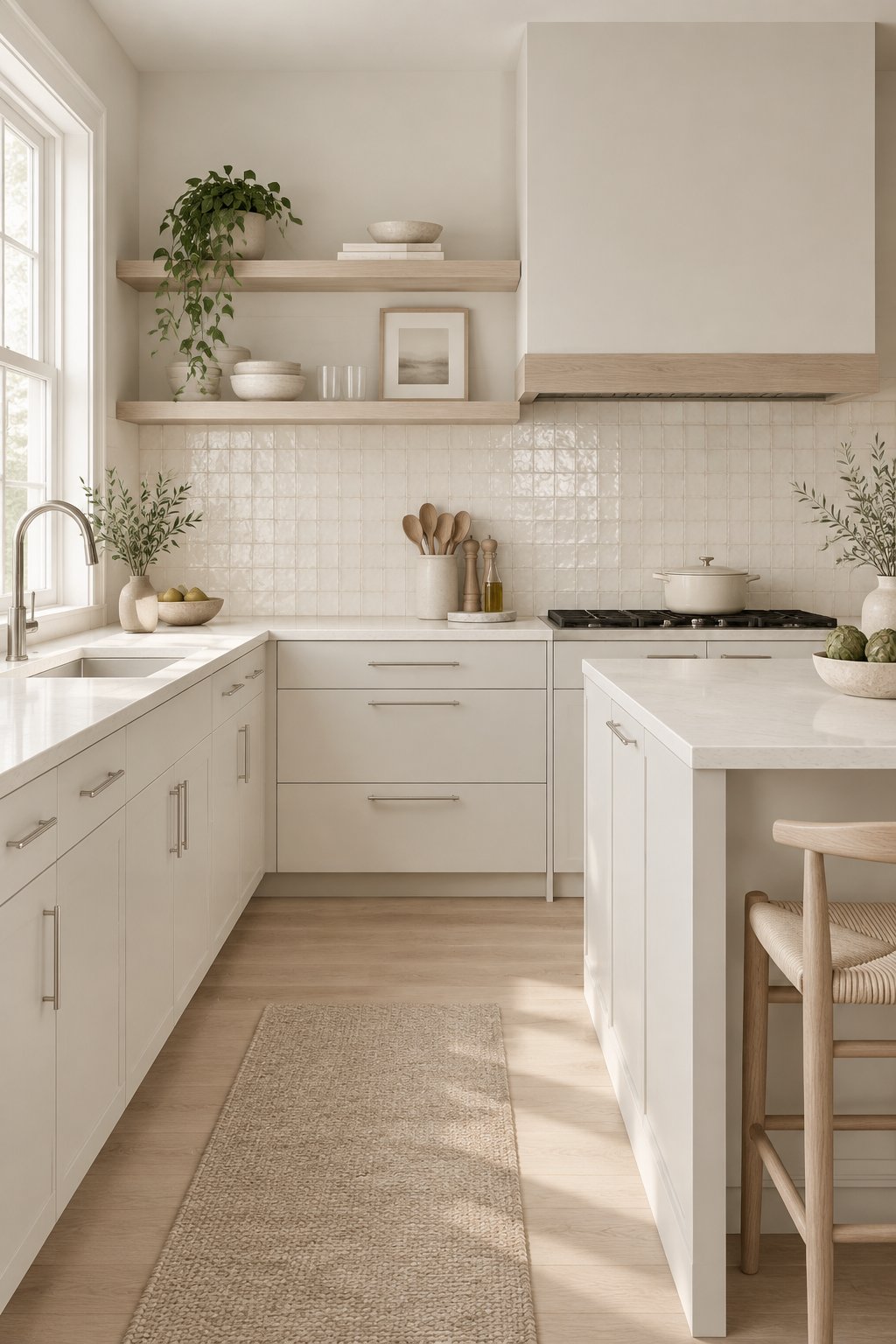 A bright modern kitchen with light cabinets, a tiled backsplash, wood accents, and metal hardware.