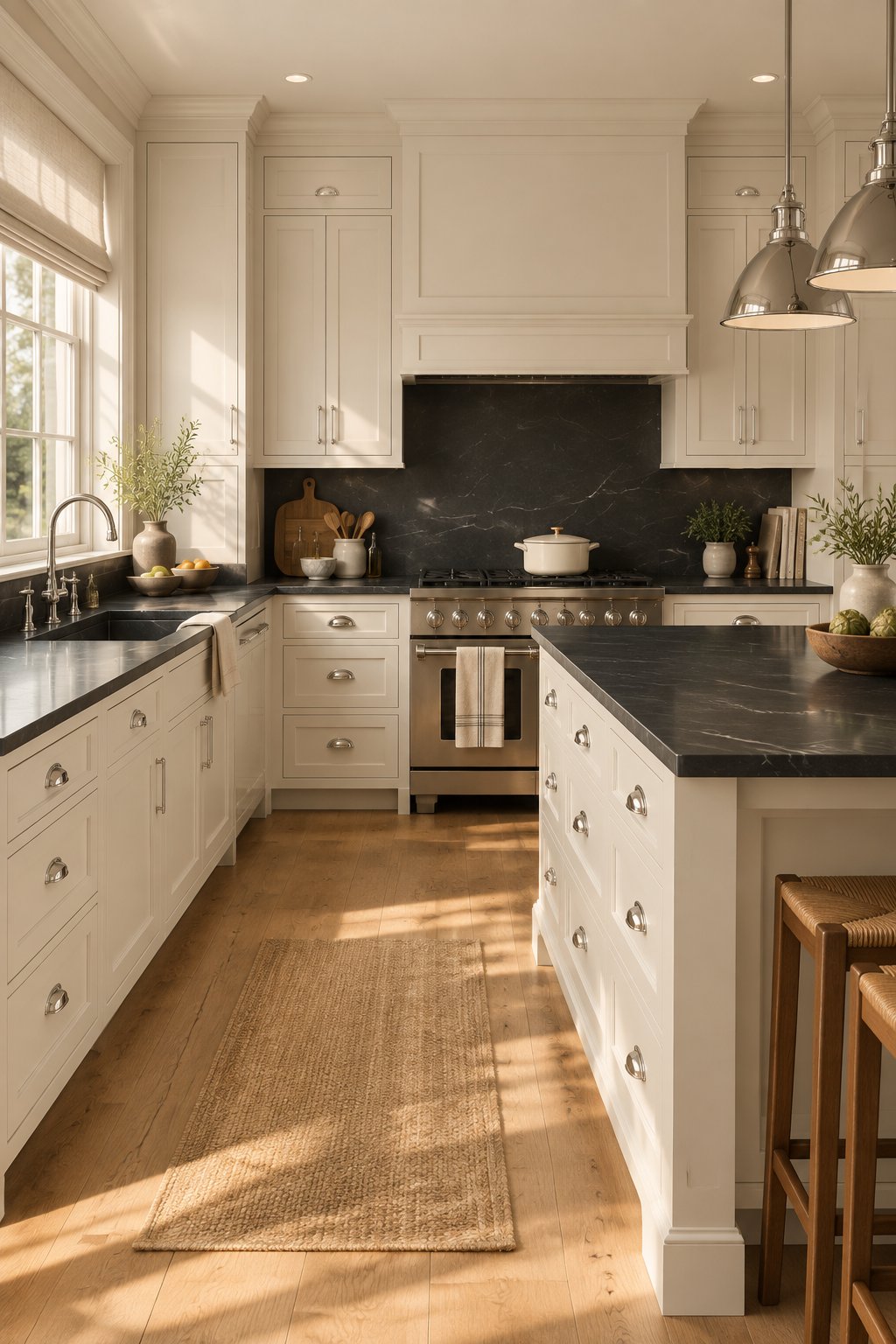 A traditional kitchen with warm off-white cabinets, dark stone countertops, chrome hardware, and sunlight entering the room.