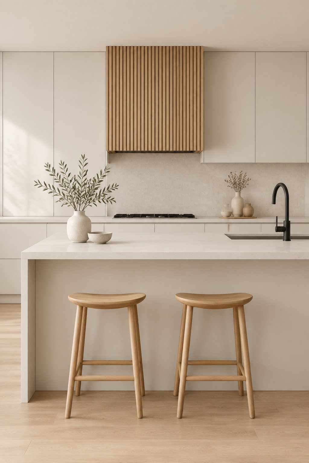 A bright modern kitchen with pale cabinets, a wood-paneled range hood, dark fixtures, and ceramic vases on the counter.