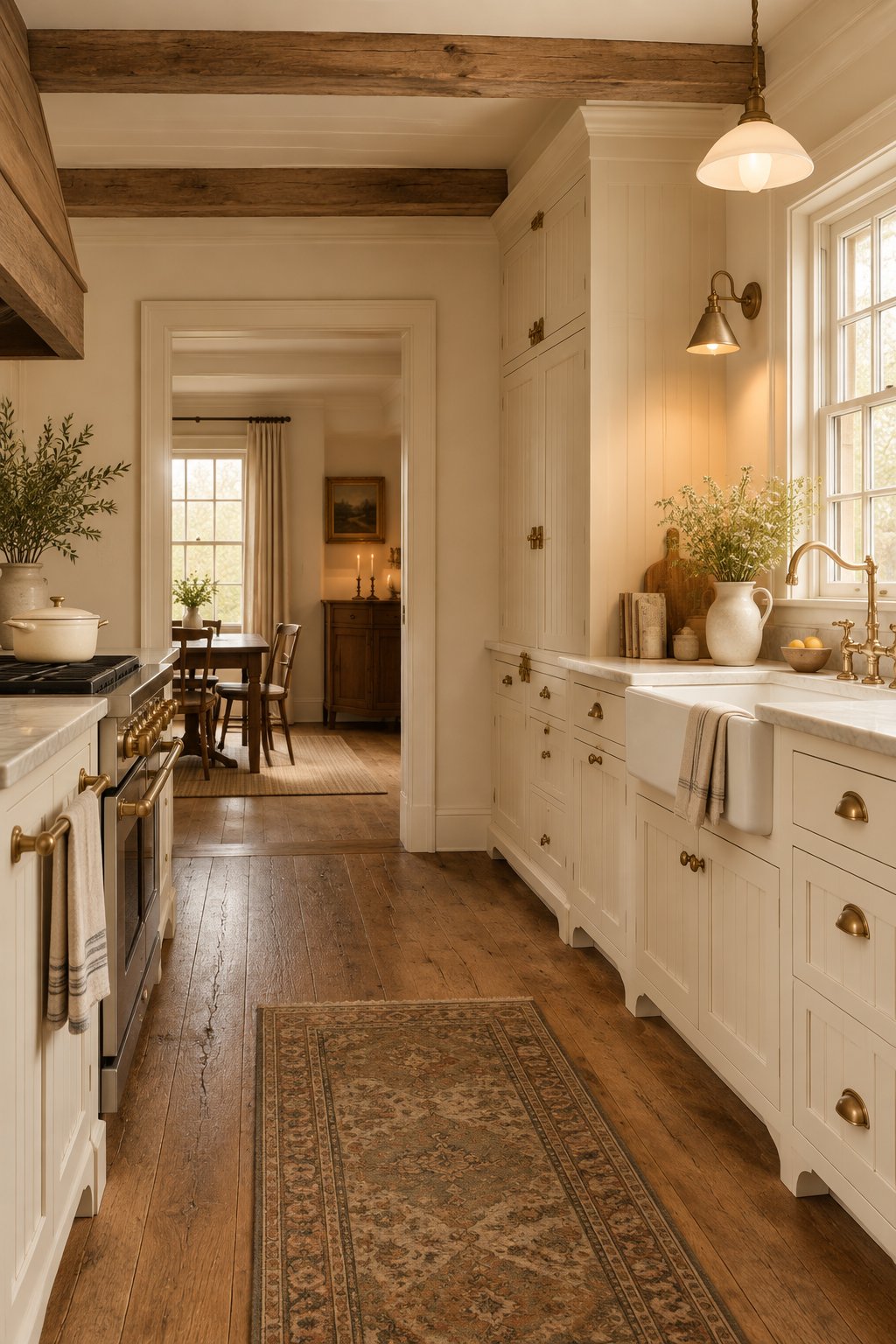 A cozy farmhouse kitchen with light cabinets, brass hardware, a white apron-front sink, and wood flooring.