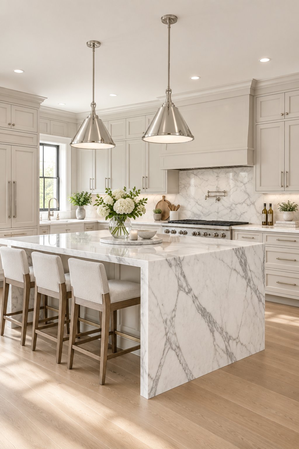 A bright kitchen with light paneled cabinets, a marble island, and hanging pendant lights.