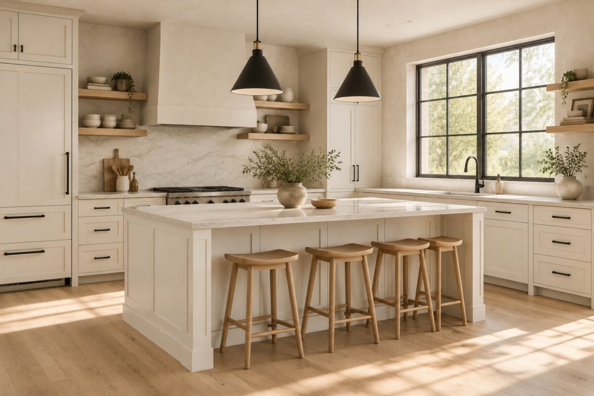 A warm modern kitchen with off-white shaker cabinets, oak shelves, stone countertops, black hardware, and sunlight through a large window.