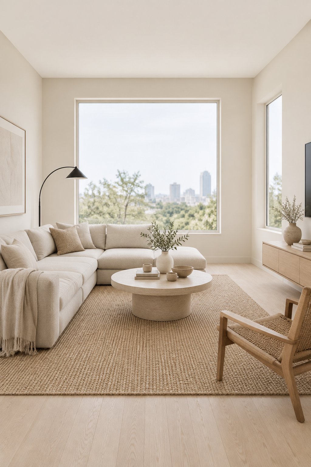 A bright living room with a pale sofa, light wood flooring, a woven rug, and large windows.