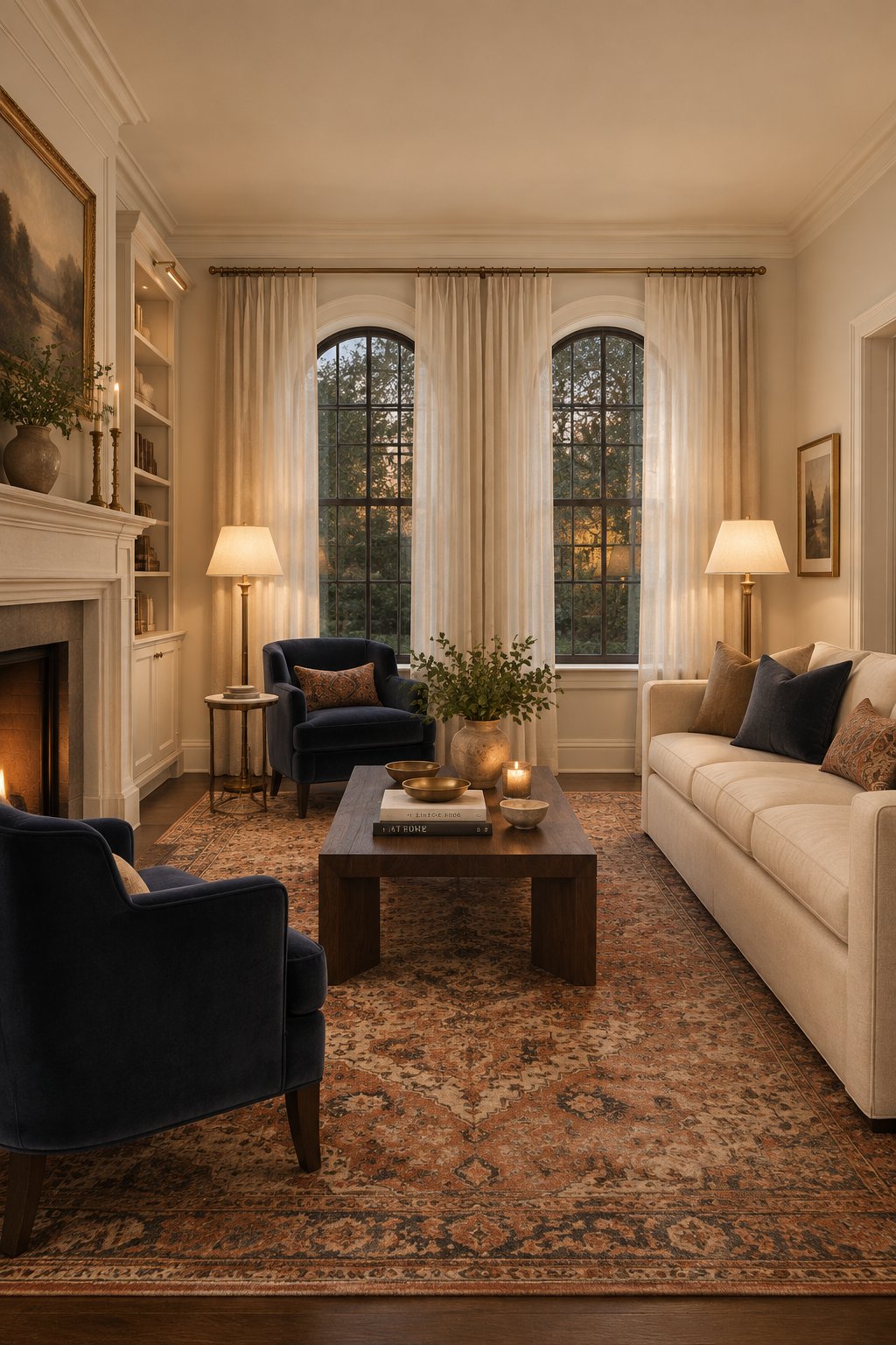 A warmly lit living room with a navy accent chair, patterned rug, brass lamps, a walnut coffee table, and sheer curtains.