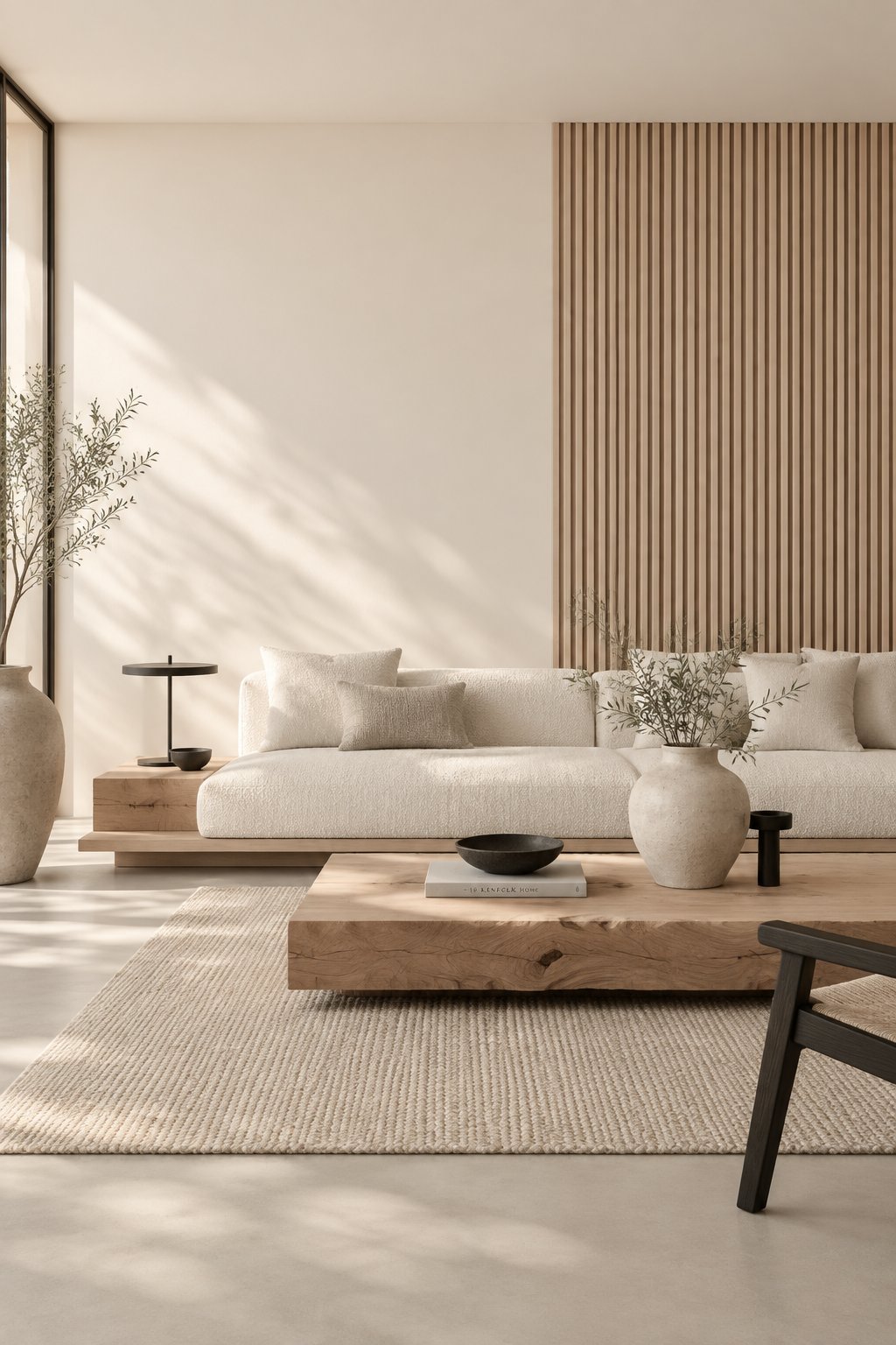 A bright living room with a low white sofa, wooden wall panels, small wood tables, dark accents, and pottery.