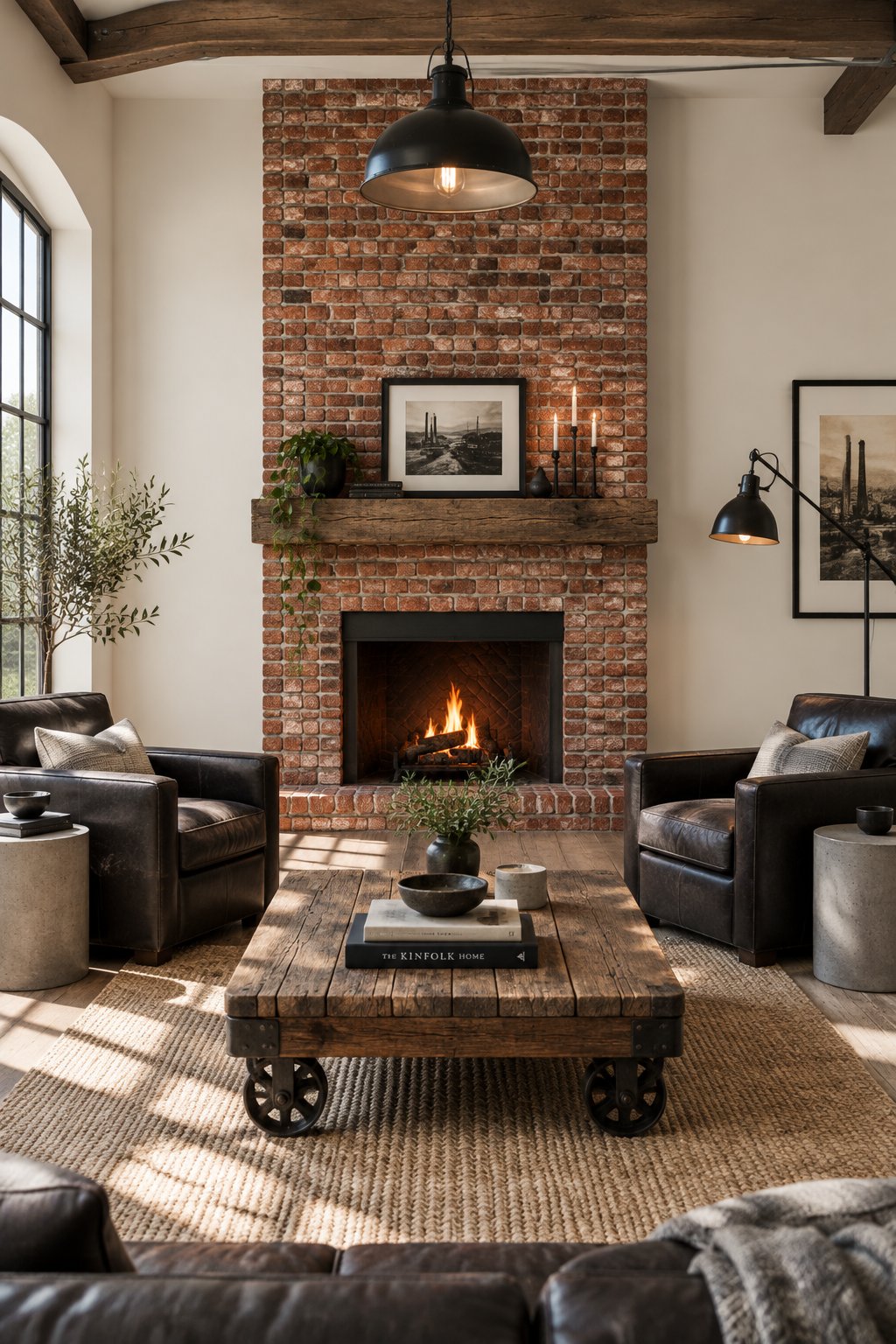 An urban loft living room with white walls, a red brick fireplace, dark armchairs, and industrial furnishings.