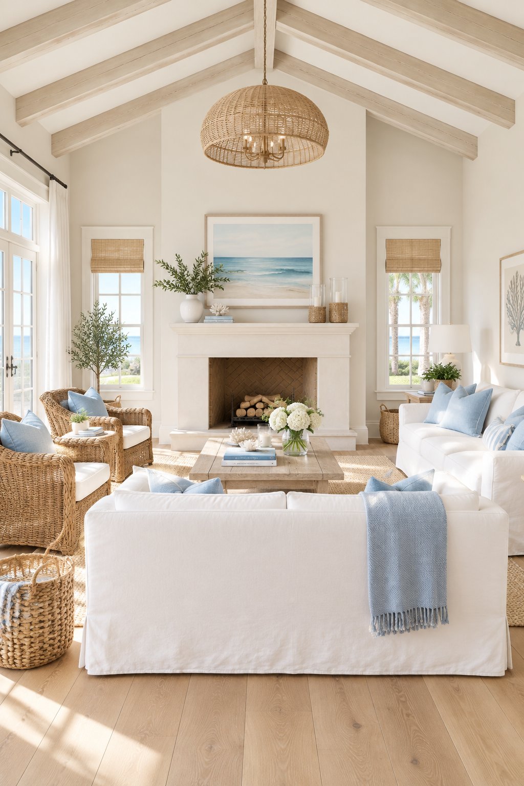A bright living room with white sofas, blue pillows, wooden flooring, ceiling beams, woven chairs, and baskets.