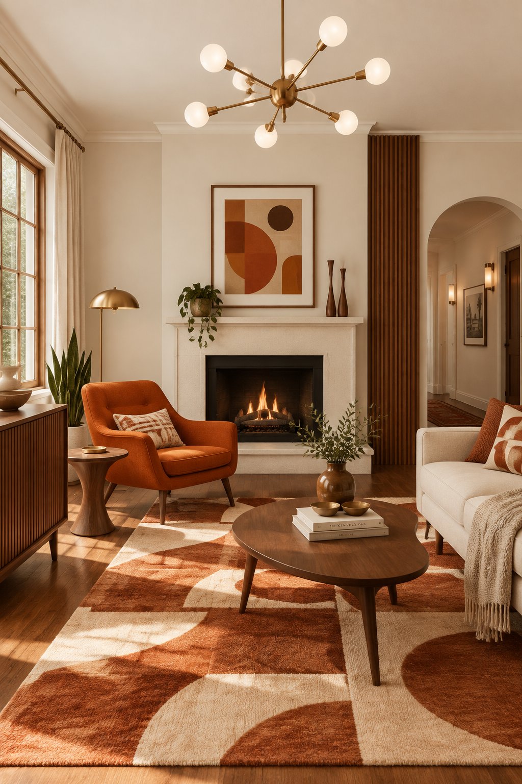 A warm living room with white walls, walnut furniture, a burnt-orange lounge chair, a patterned rug, a brass ceiling light, and wood accents.