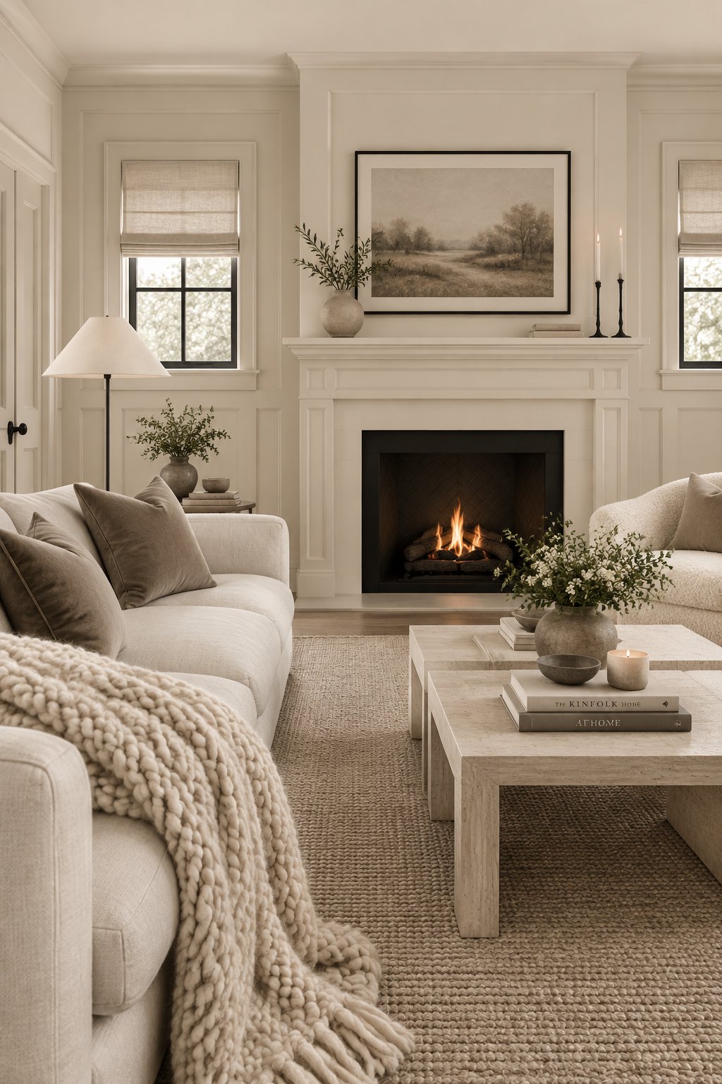 A cozy living room with light walls, a fireplace, neutral furniture, textured fabrics, stone tables, and dark accents.