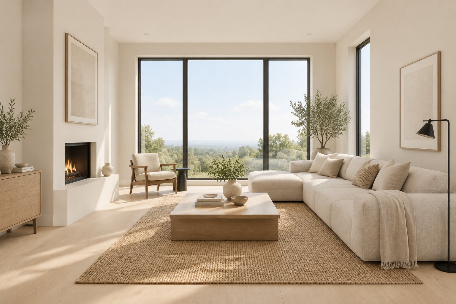 A bright living room with a pale sofa, light wood flooring, a woven rug, and large windows.