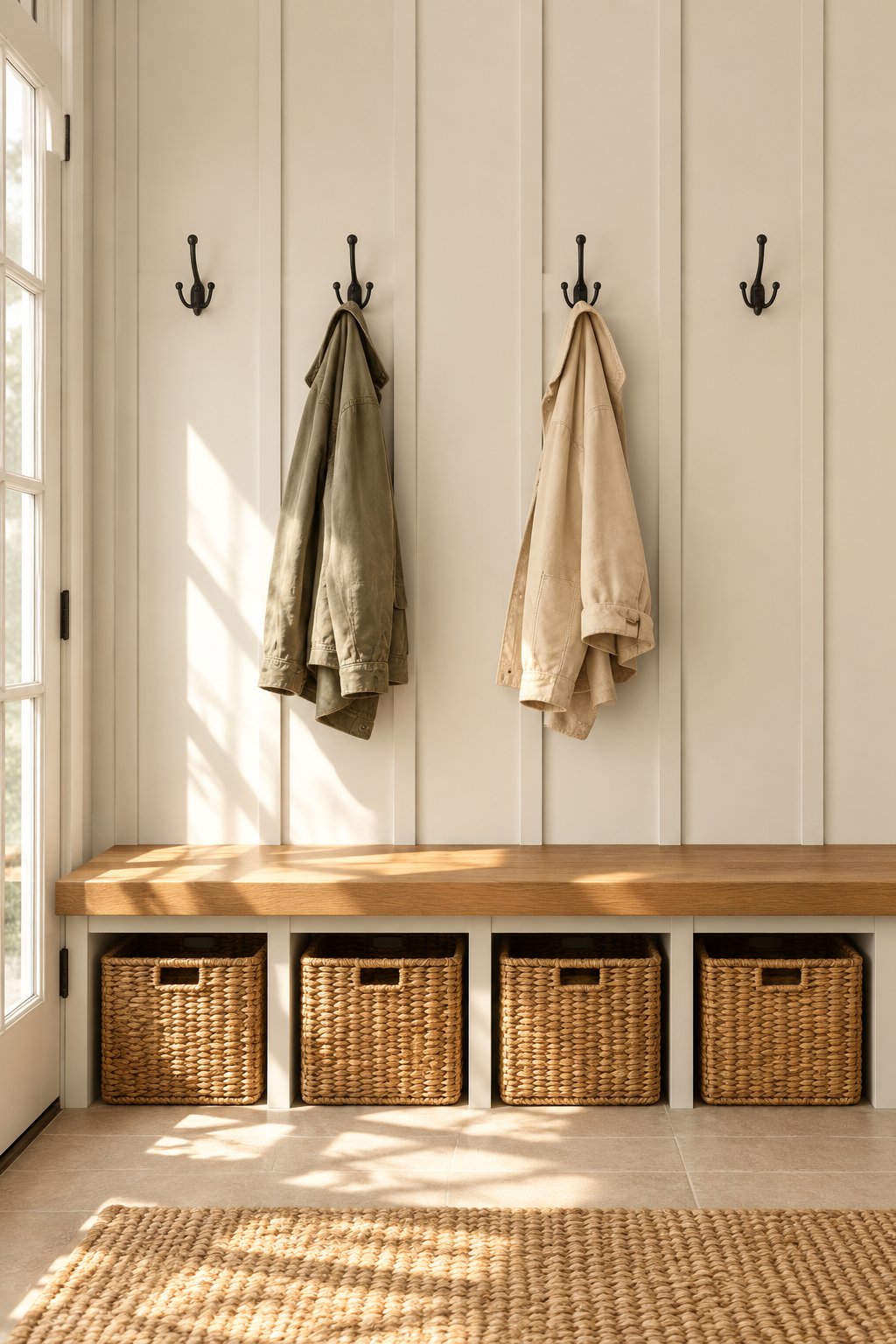 A bright mudroom with paneled walls, a wooden bench, hanging jackets, and woven baskets.