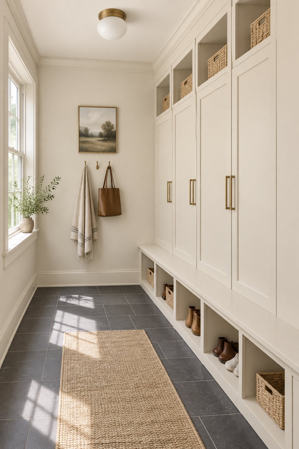 A bright mudroom with built-in cubbies, pale cabinetry, dark tile flooring, and brass handles.