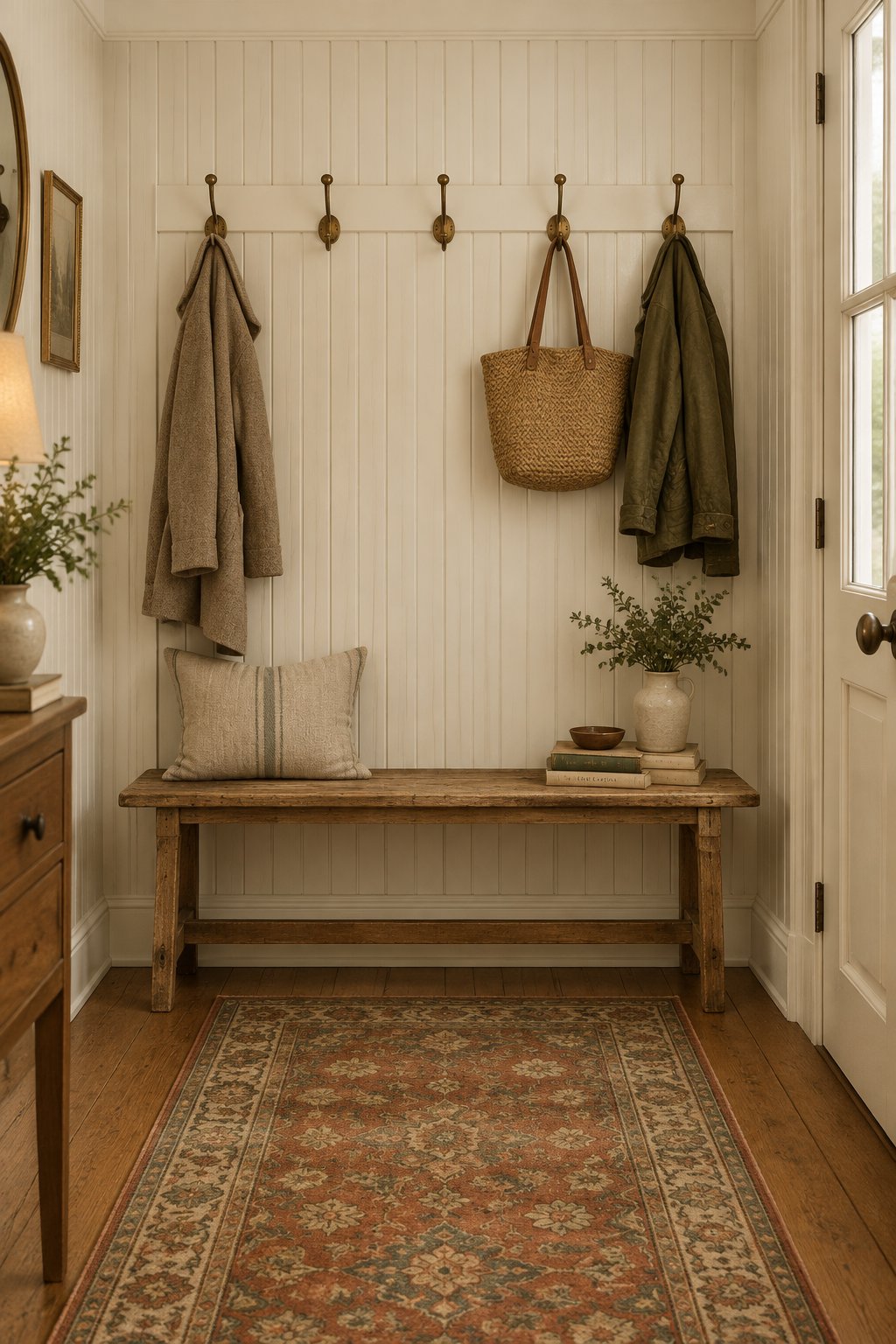 An entryway with paneled walls, a wooden bench, wall hooks, and a patterned runner rug.