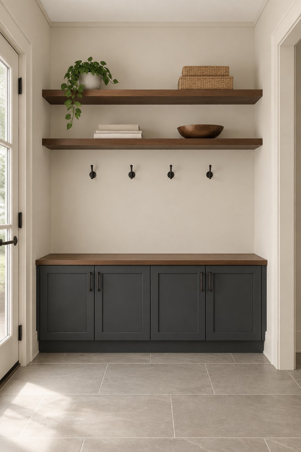 A mudroom with storage cabinets, wall shelving, and tiled flooring.
