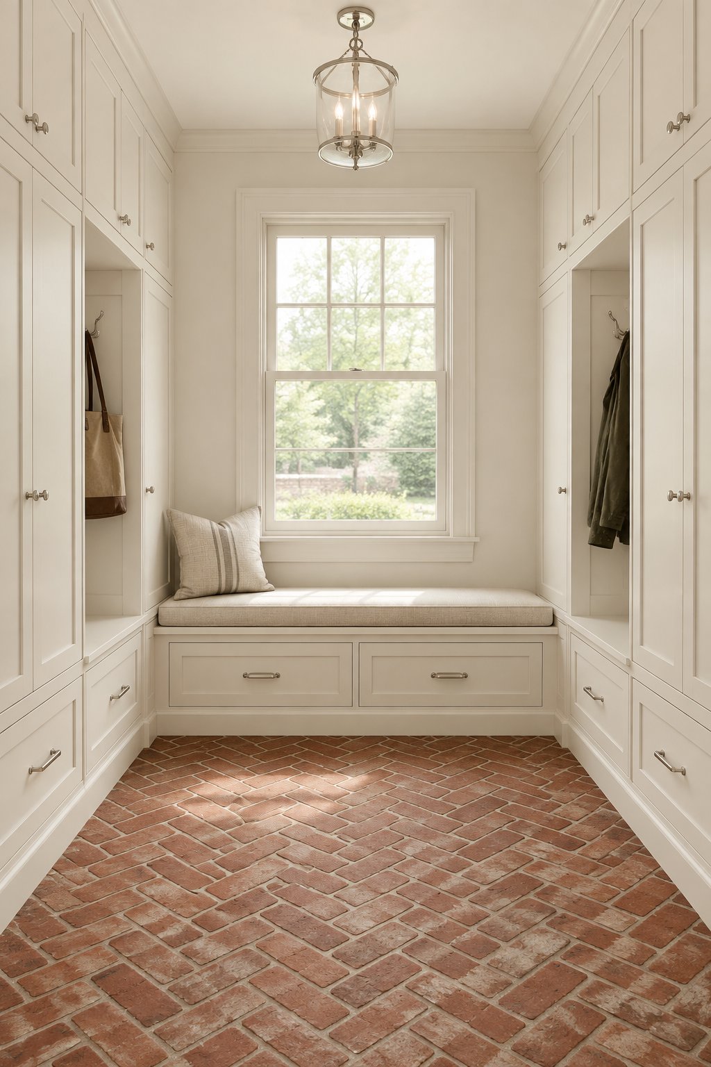 A bright mudroom with built-in cabinets, a central bench, brick flooring, and metal hardware.