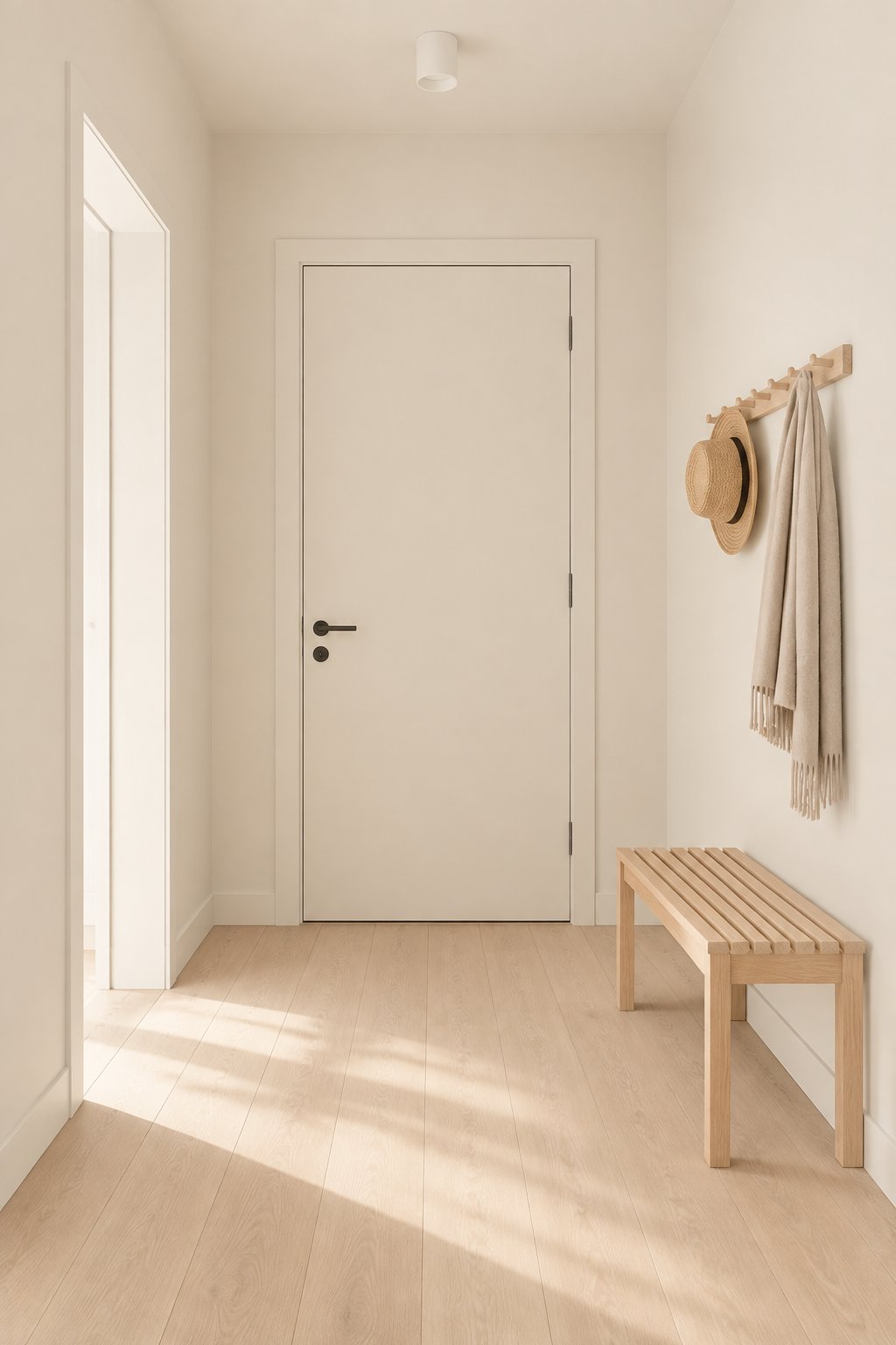 A bright entryway with pale walls, wood flooring, wall hooks holding a hat and scarf, and a slatted bench.