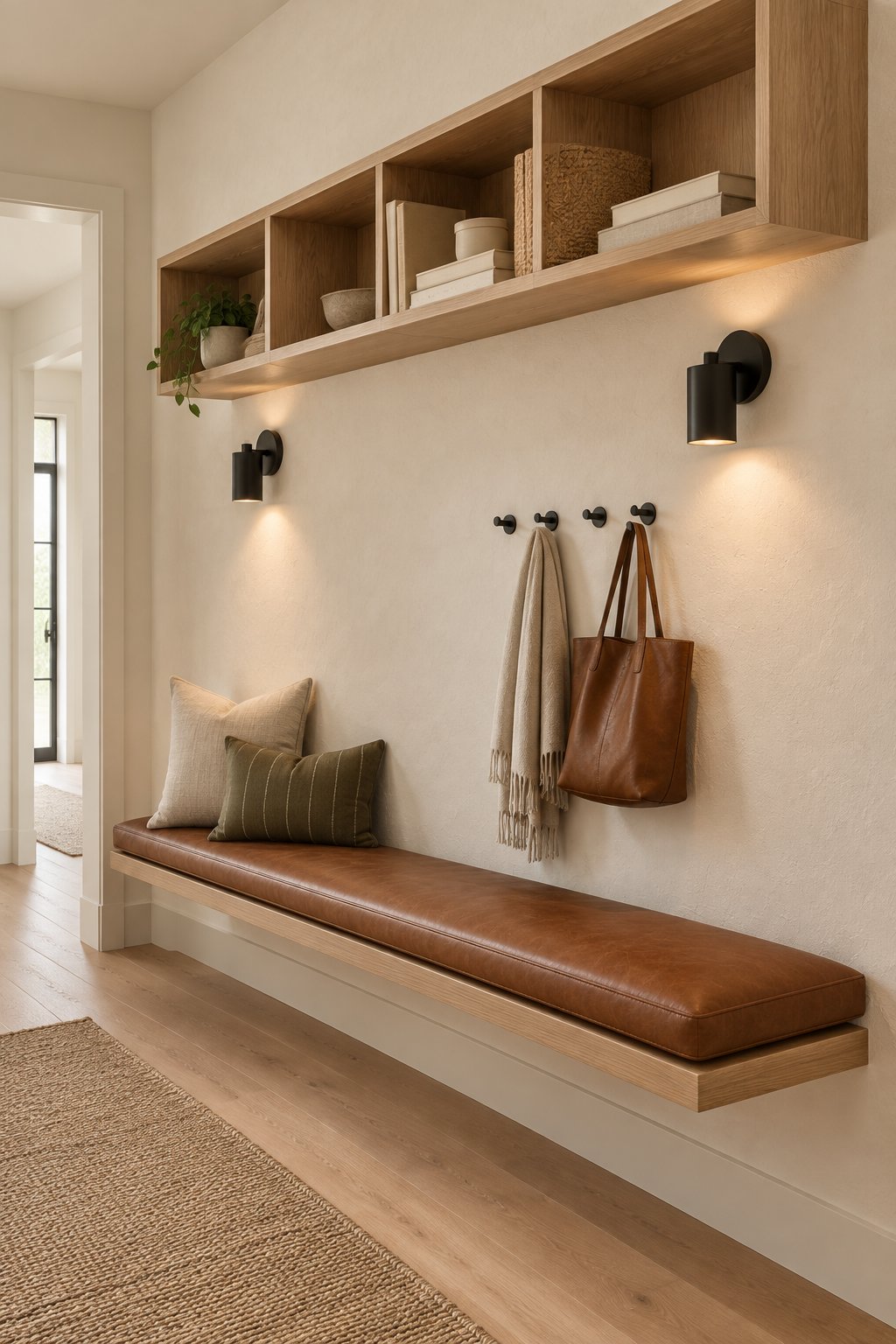 A hallway with wall-mounted cubbies, a leather bench, and black wall sconces.