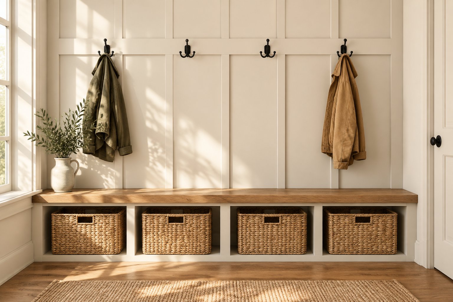 A bright mudroom with paneled walls, a wooden bench, hanging jackets, and woven baskets.