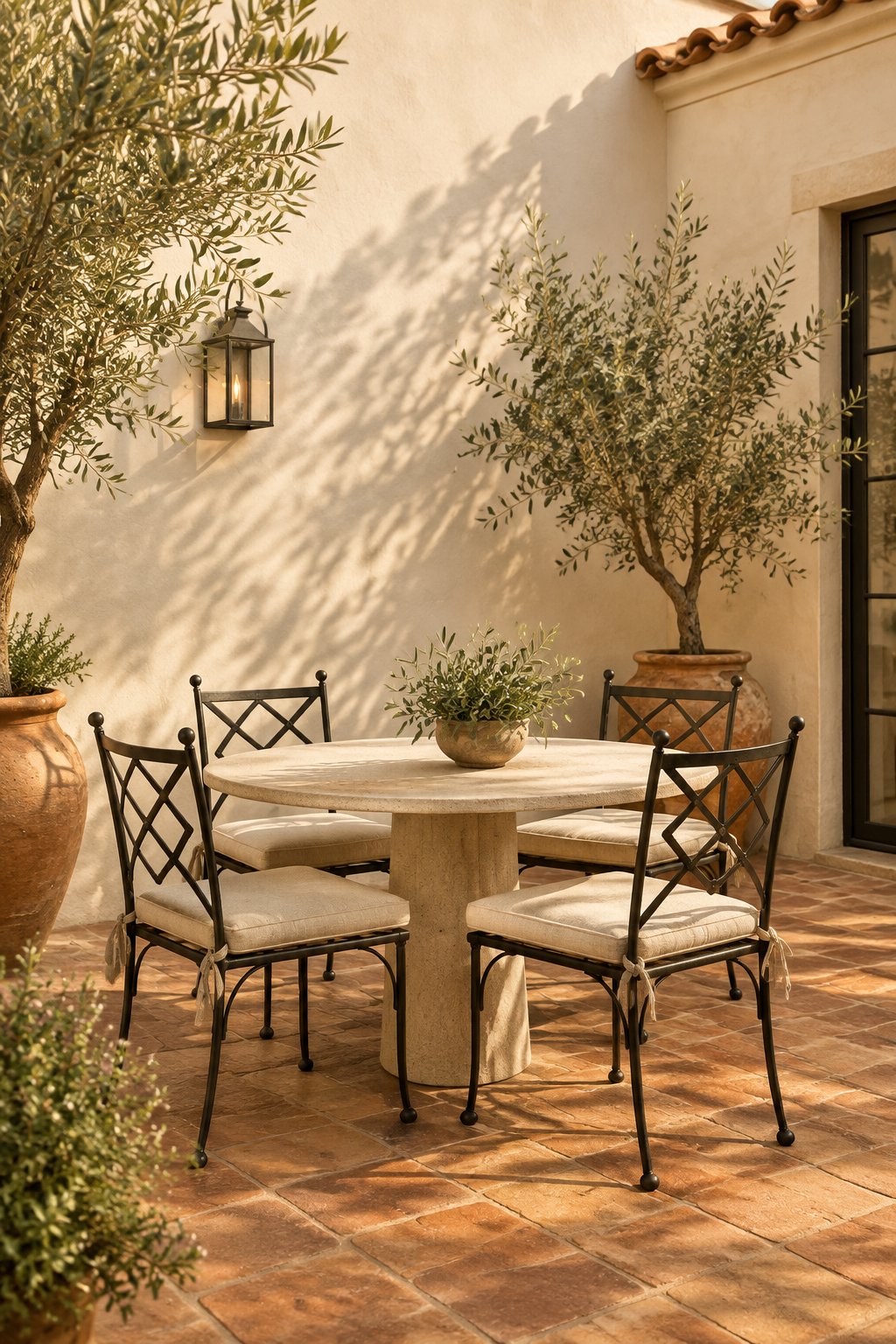 A sunlit courtyard with pale stucco walls, terracotta flooring, wrought iron chairs, and potted olive trees.