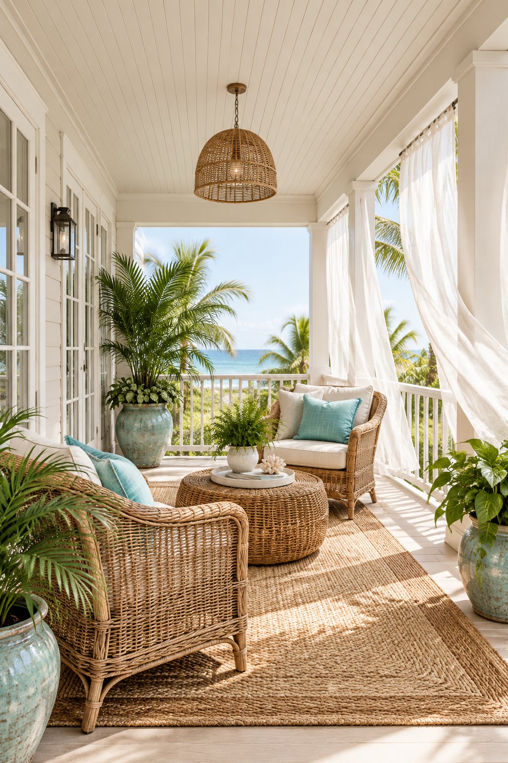 A covered porch with rattan seating, a woven rug, turquoise pillows, sheer curtains, and potted tropical plants.