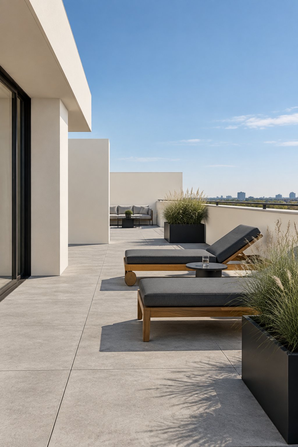 A rooftop terrace with pale partition walls, gray paving, wooden loungers, dark cushions, and planters filled with grasses under a clear sky.