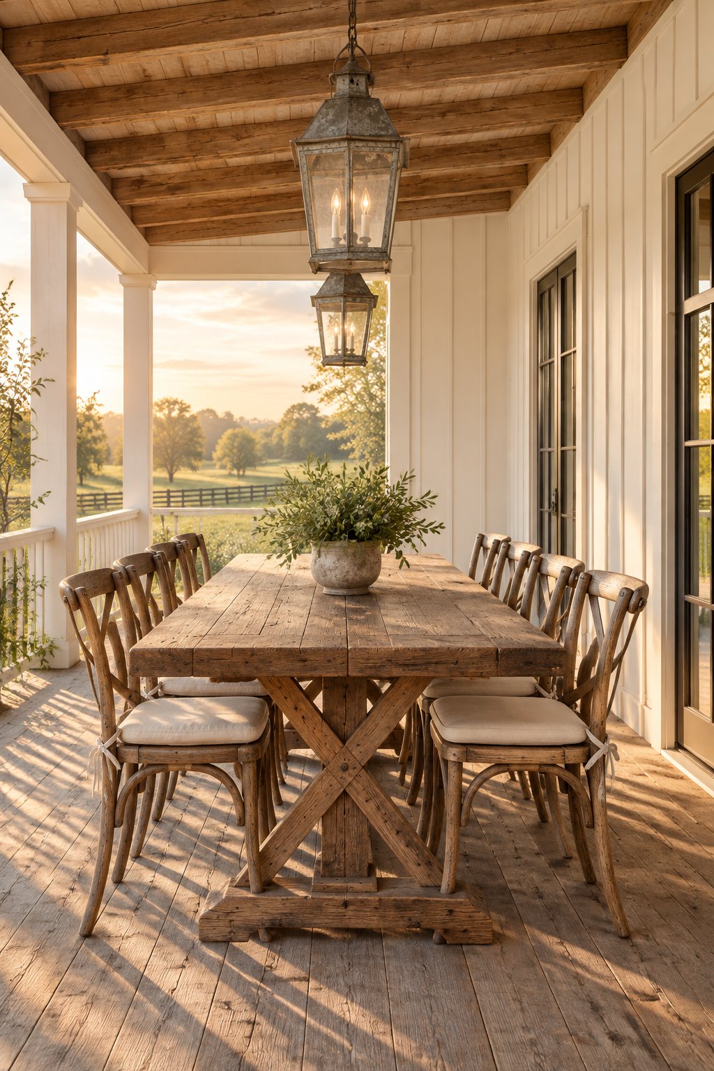 A sunlit farmhouse veranda with a wooden dining table, chairs, hanging lanterns, and light cushions.