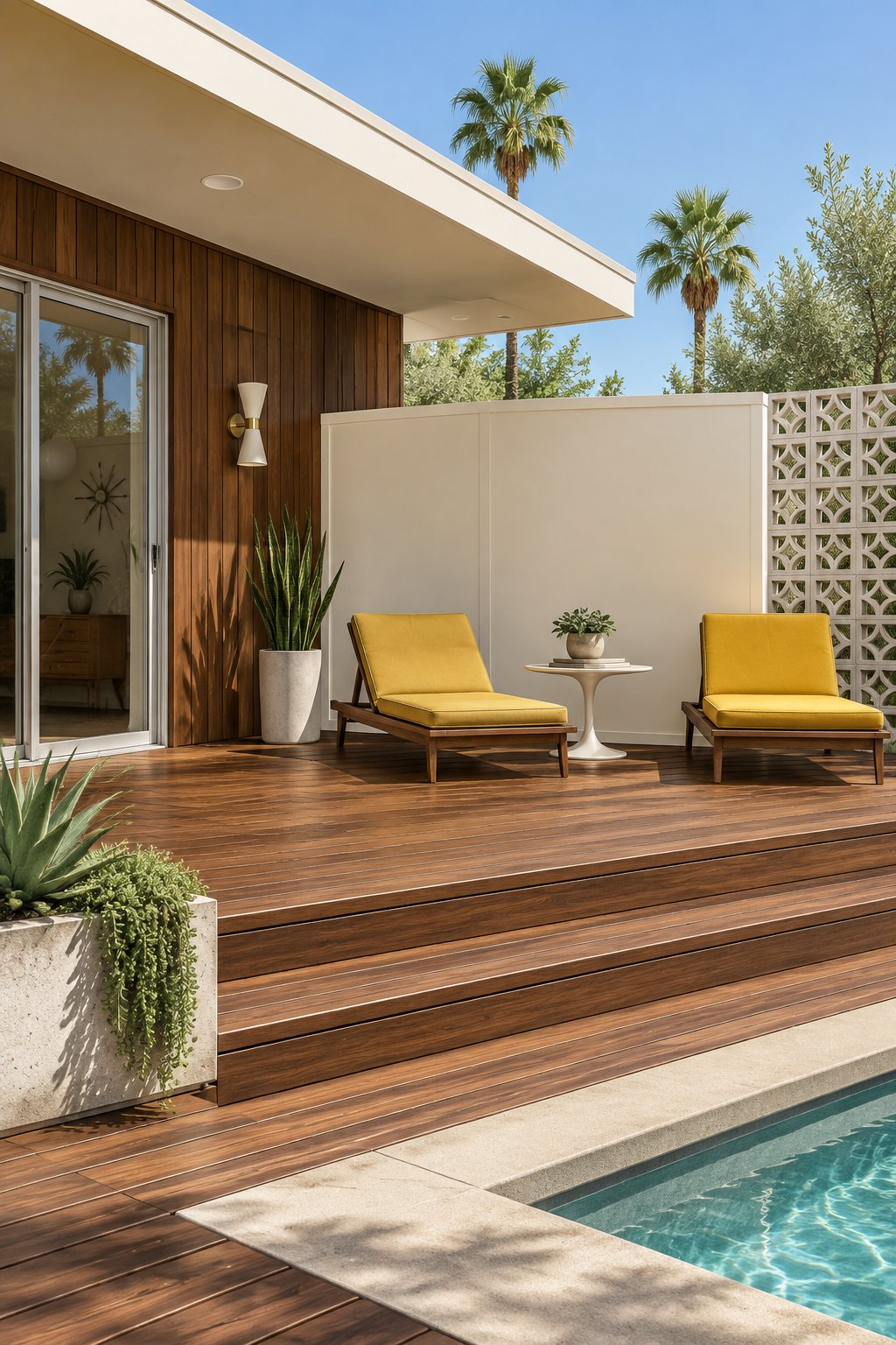 A sunny backyard deck with lounge chairs, wood surfaces, privacy screens, and geometric concrete blocks.