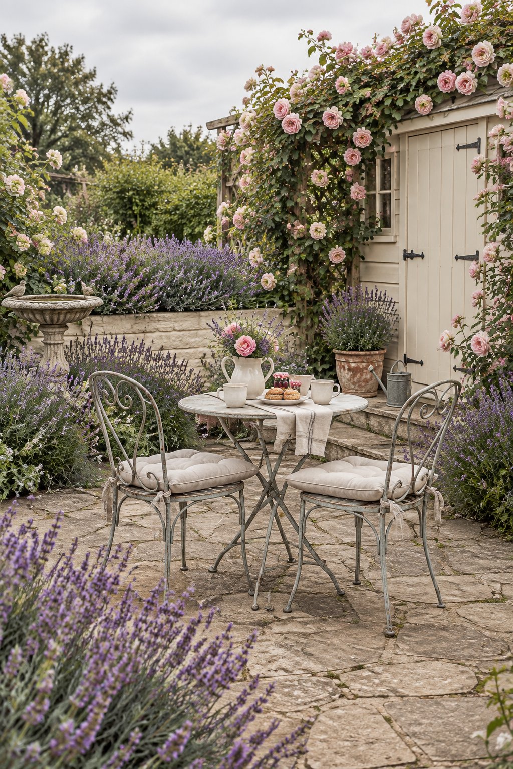 A cottage garden patio with warm off-white walls, weathered stone paving, lavender, climbing pink roses, and a vintage birdbath.
