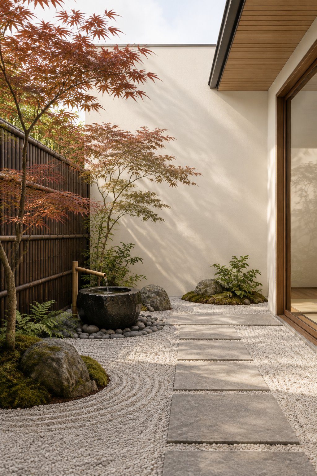 A quiet courtyard with warm off-white walls, bamboo fencing, gravel beds, river rocks, a black stone basin, and Japanese maple trees.