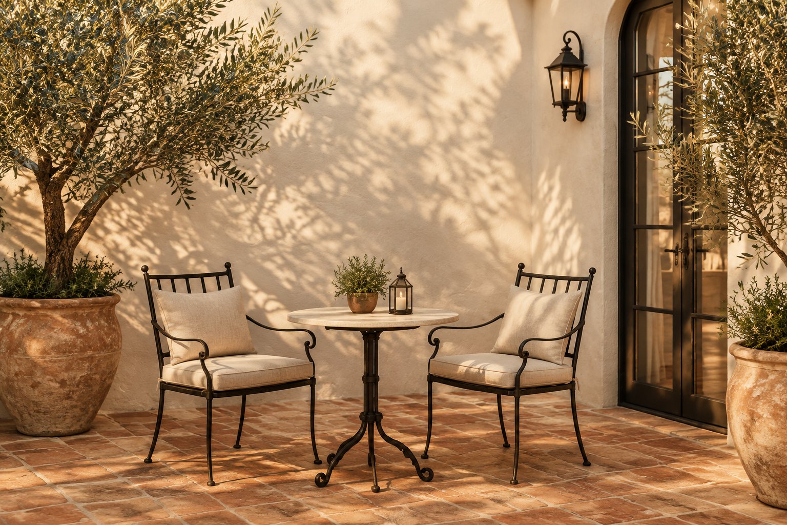 A sunlit courtyard with warm stucco walls, terracotta flooring, wrought iron chairs, and potted olive trees.