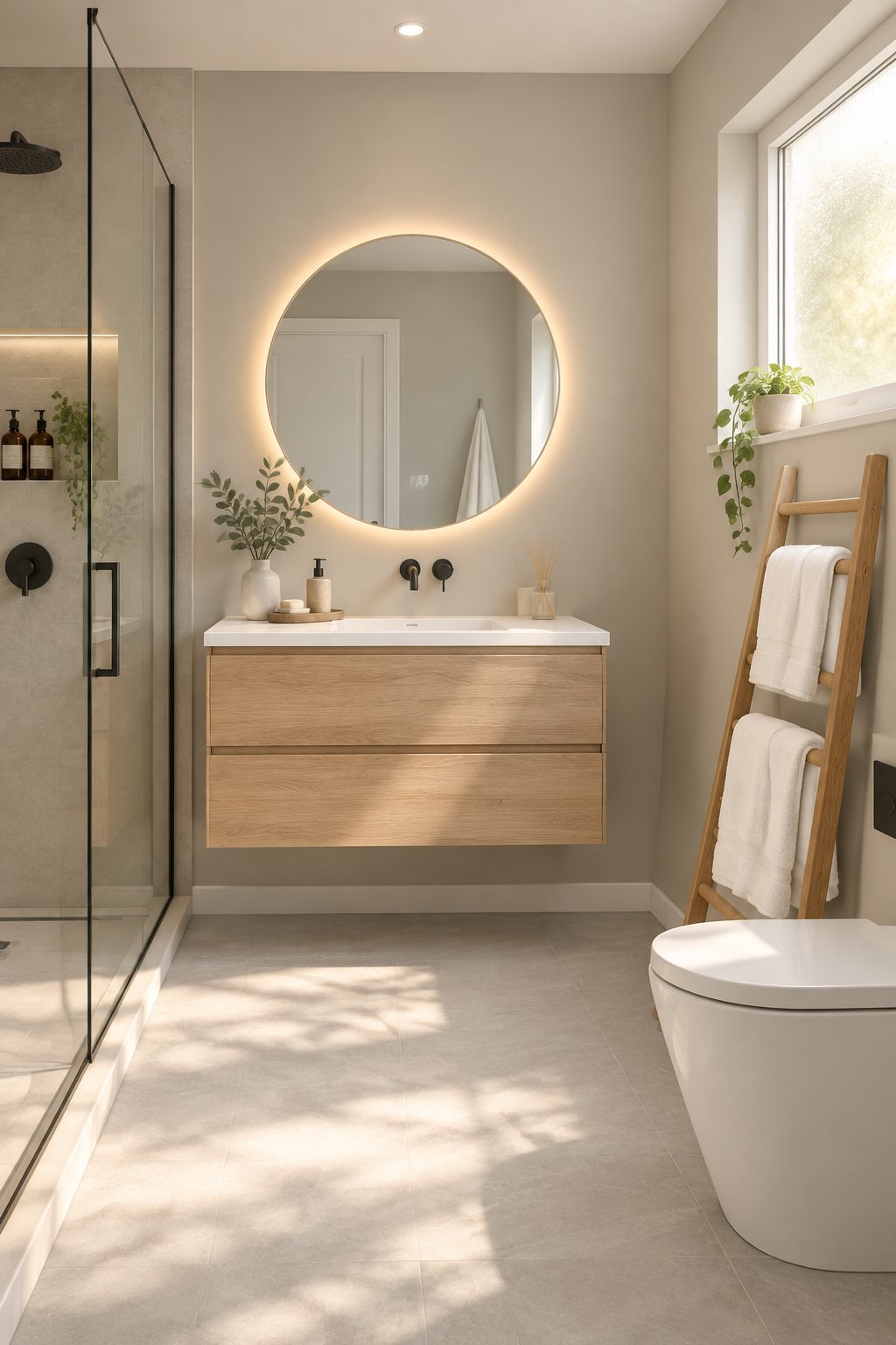 A bright modern bathroom with a floating wood vanity, round mirror, white towels, and sunlight across gray floor tiles.
