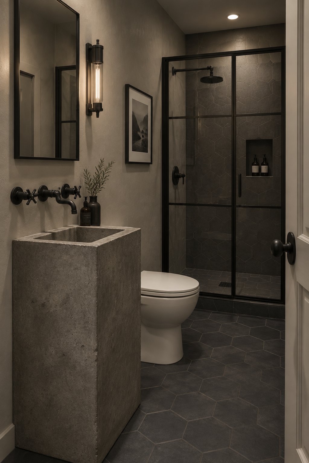 A gray-walled bathroom with a concrete pedestal sink, black wall-mounted faucets, a glass shower enclosure, and dark hexagonal floor tiles.