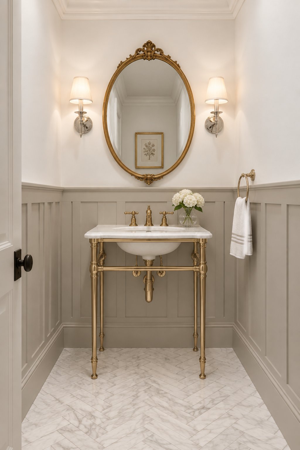 A traditional powder room with gray wall paneling, a white upper wall, a brass console sink, an oval mirror, wall sconces, and a patterned marble floor.